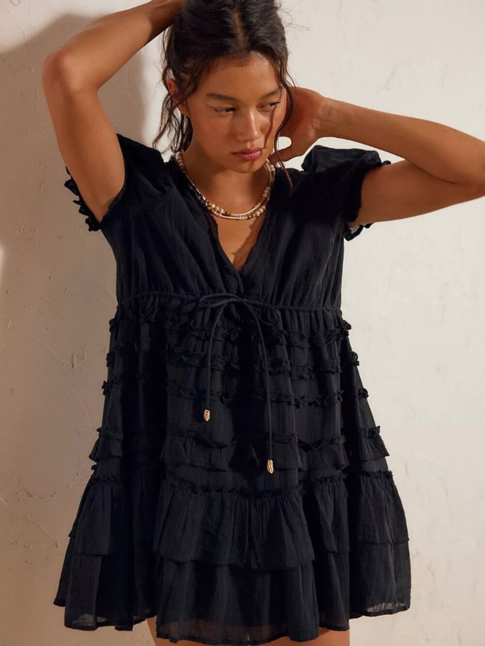 Free People Free-est Darcy Mini Dress Tiered Ruffle Puff Sleeve Black L 290448